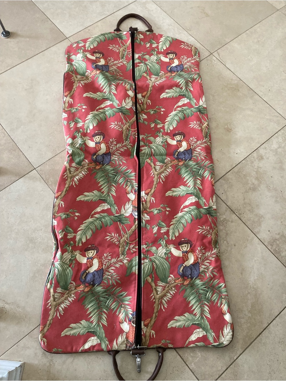 Accessories Unlimited Cheeky Monkey Print Garment Bag Leather Trim Made in USA